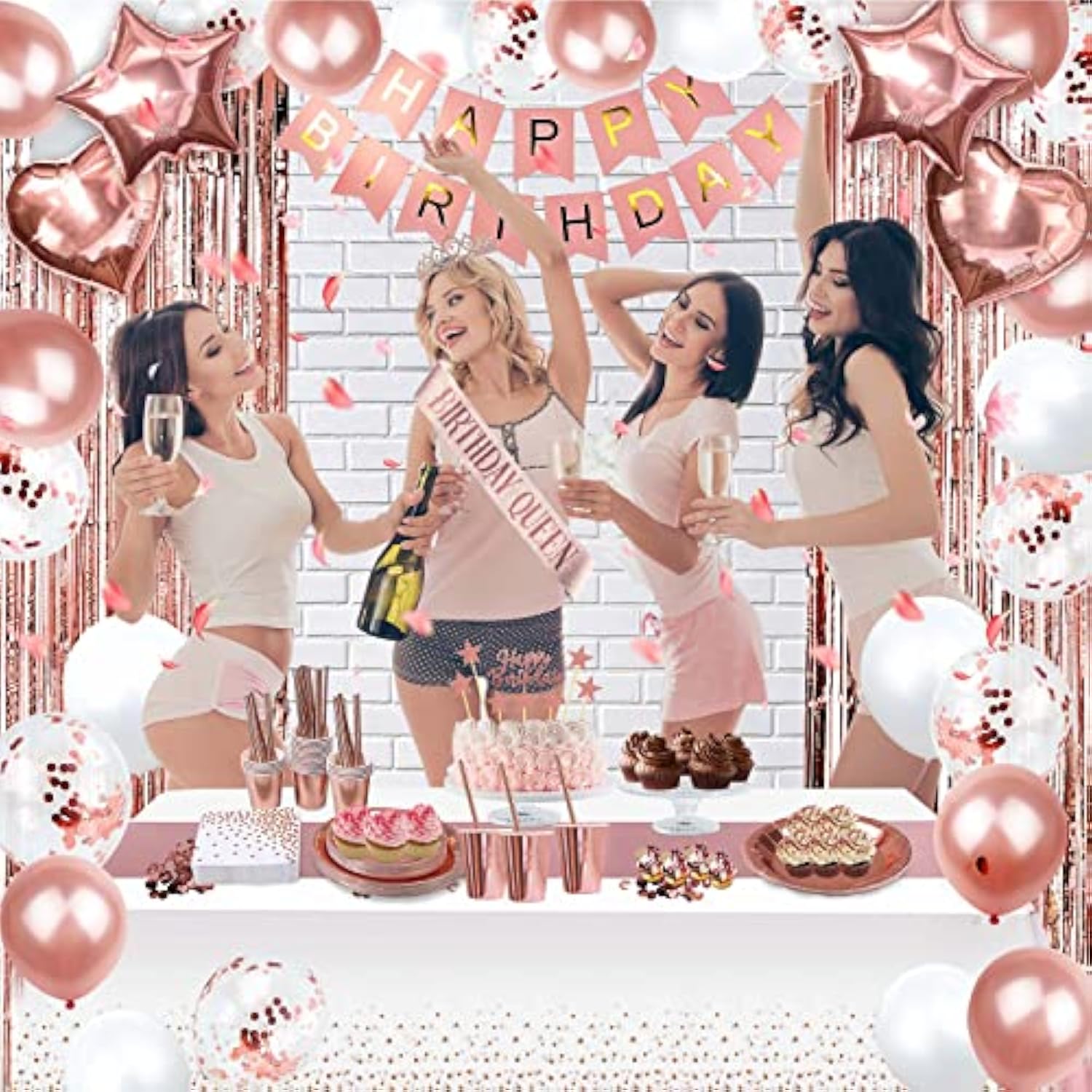 253 Pcs Birthday Decorations For Women, Rose Gold Party Decorations, Happy Birthday Decorations - Balloon Stand Kit, Tableware Kit,Pump, Banner, Tassel Curtain,Balloon, For 25 Guests