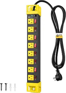6FT Heavy Duty Metal Power Strip 8 Outlets Individual Switches 1200J Surge Protector