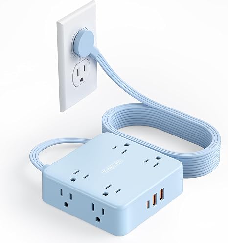 5 FT Blue Extension Cord Power Strip with 8 Outlets and 3 USB Ports for Home Office