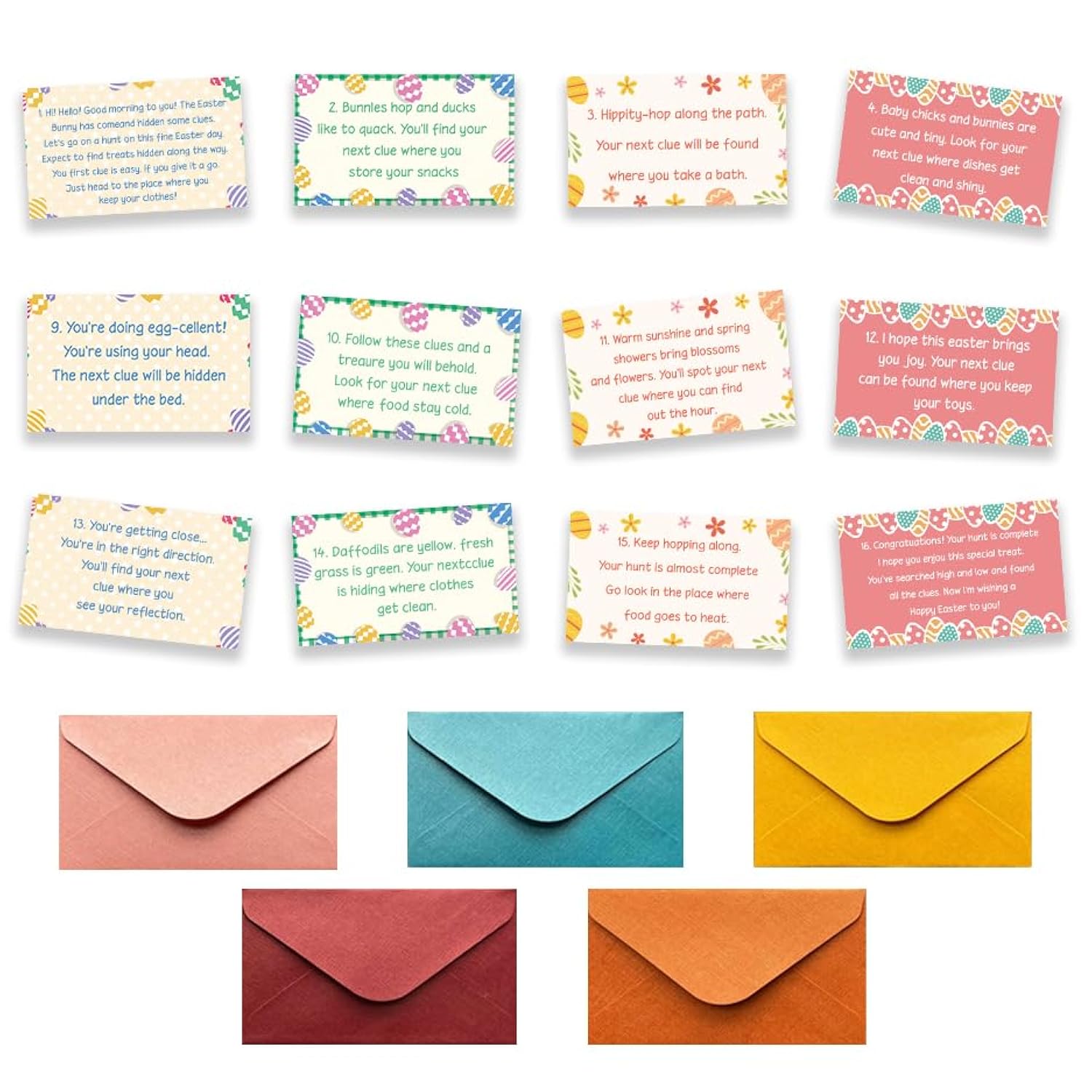 Easter Treasure Hunt Clues - Easter Party Scavenger Hunt Clues - Outdoor Indoor Easter Eggs Riddles - Easter Party Games For Adults - Spring Party Activities & Decorations (16 Pack)-01