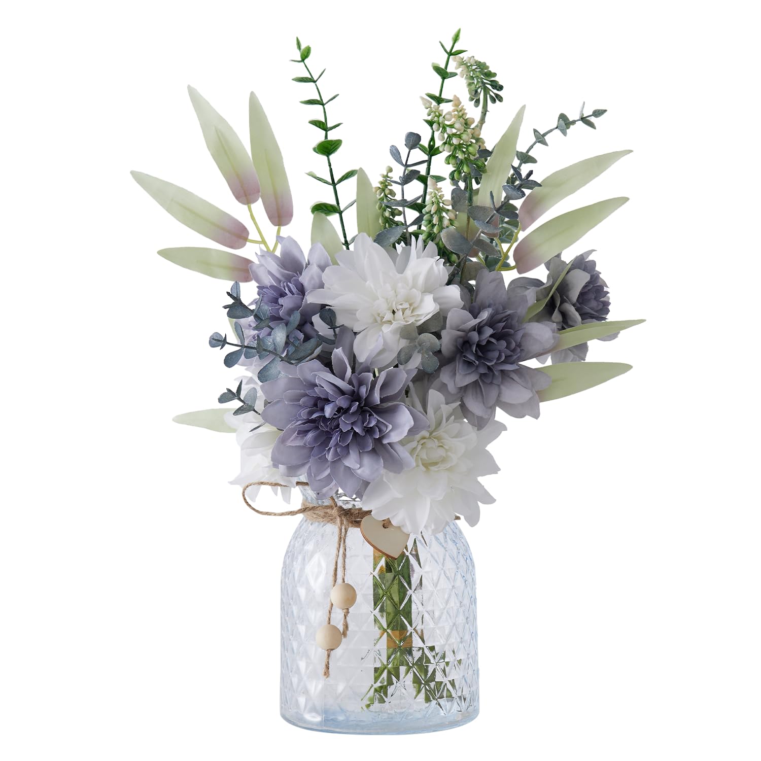 Fake Flowers With Vase, Faux Flowers In Vase, Blue White Silk Dahlia Artificial Flowers Bulk Arrangements For Home Decor For Living Room Bathroom Office Table Centerpiece Shelf Decoration