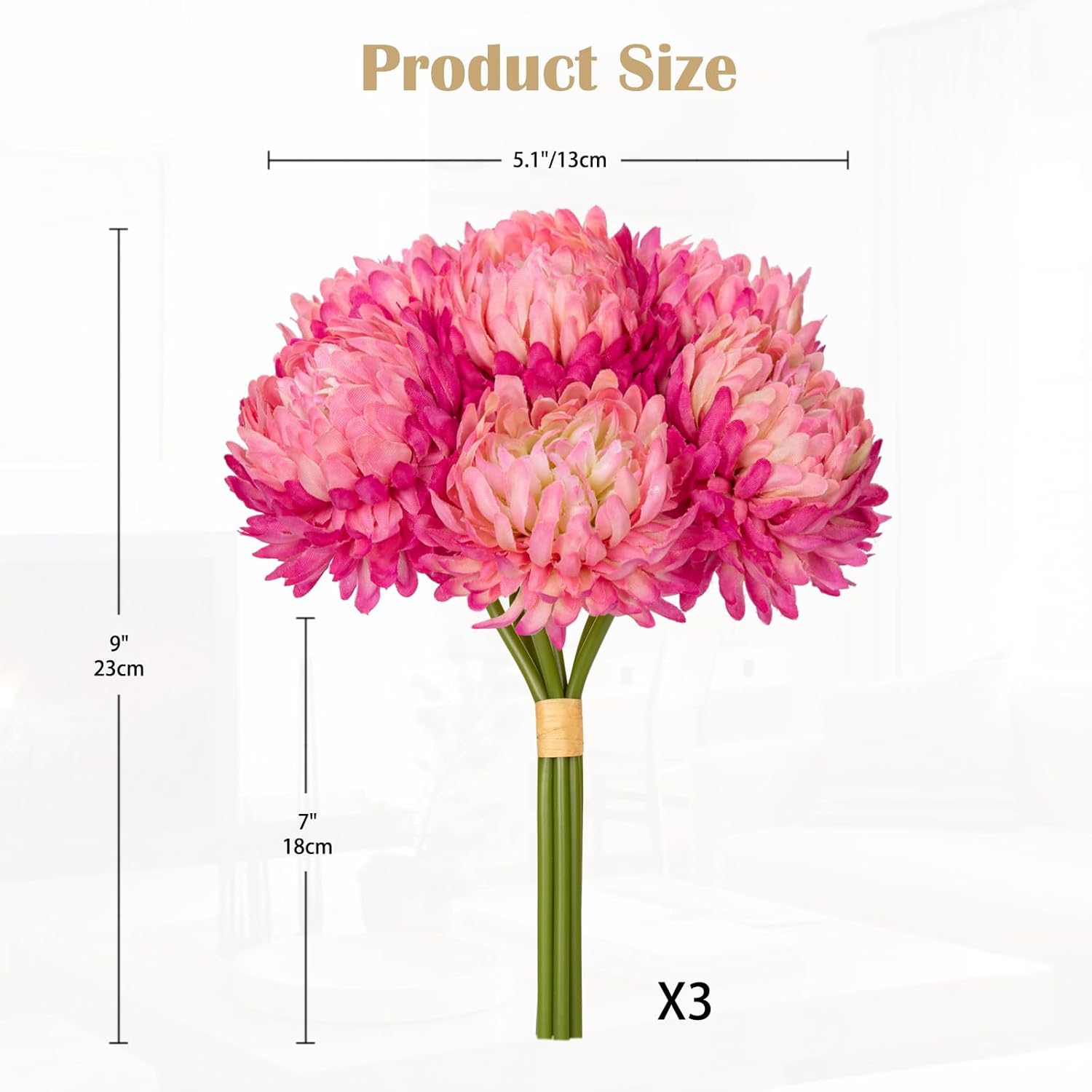 Set Of 3 Mini Mums Artificial Bouquets, 7" Long 18 Stems Spider Chrysanthemums Fake Flowers, Realistic Faux Flower Bushes For Home Decor, Weddings Diy Projects, Magenta