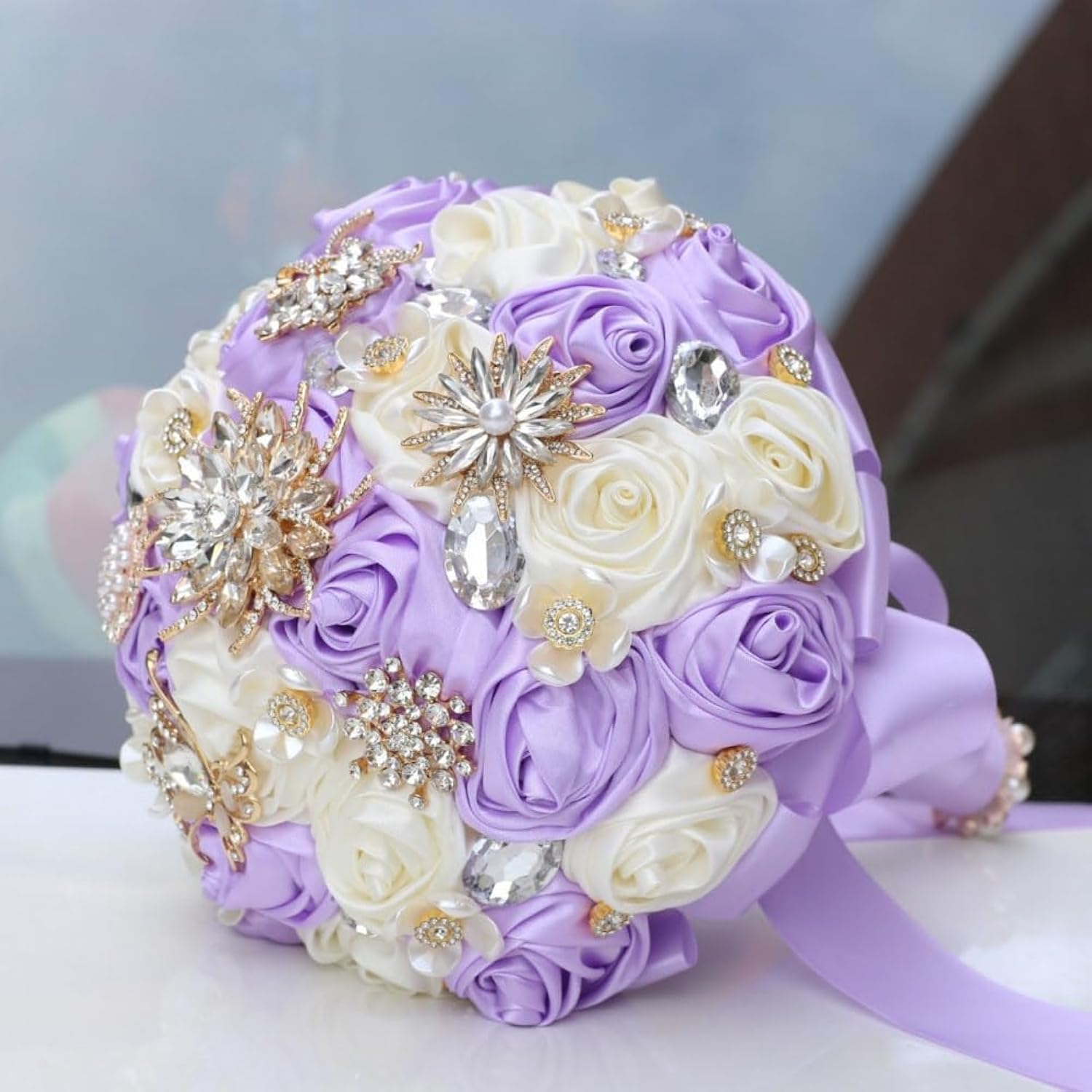 Lilac Ivory Wedding Bridal Bouquet With Rhinestone Brooch Bouquet For Bride Bridesmaid Quinceanera Satin Rose Flower Bouquet Wedding Light Purple Lilac And Ivory 7.5In