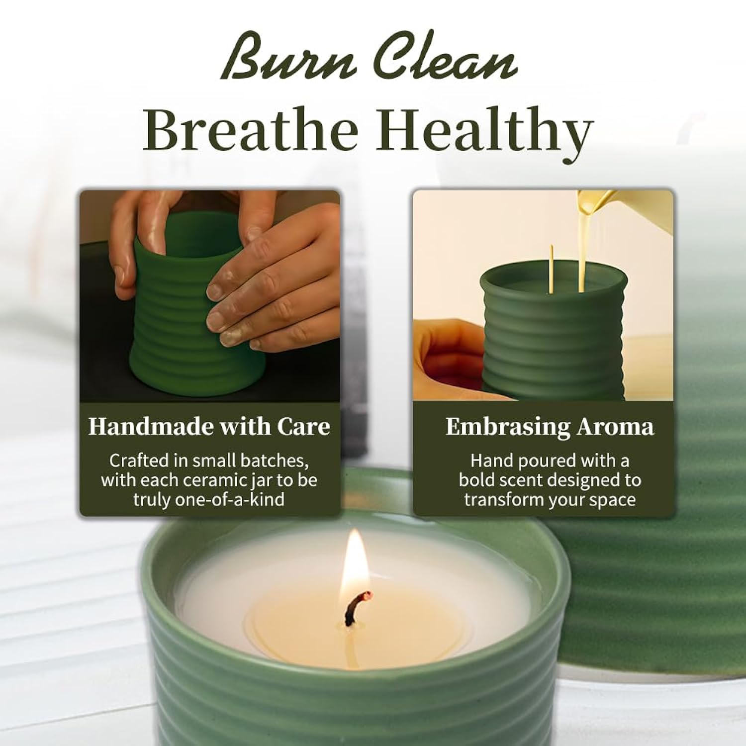 Natural Soy Wax Scented Candle, Sandalwood Fragrance, Green Ceramic Container, Handmade Luxury Home Decor With Cotton Wick, Reusable Jar