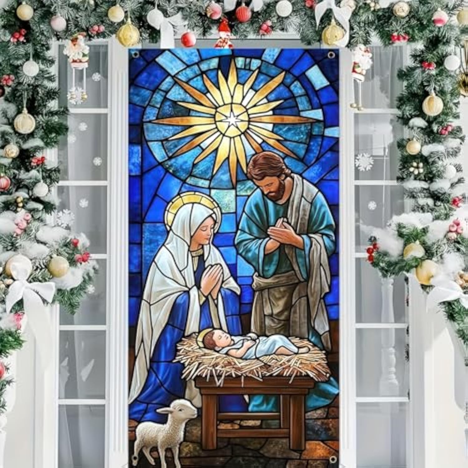 Nativity Scene Christmas Door Cover Hanging Banner Background Religious The Nativity Of Jesus Backdrop Photography Background Front Door Porch Hanging Cover Door Cover Banner 35 X 71 Inch