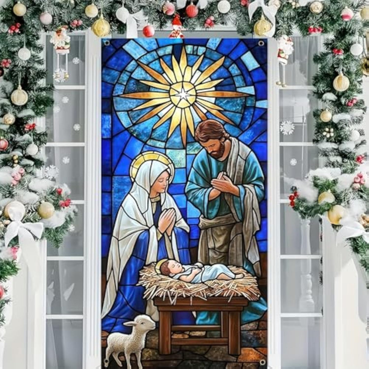 Nativity Scene Christmas Door Cover Hanging Banner Background Religious The Nativity Of Jesus Backdrop Photography Background Front Door Porch Hanging Cover Door Cover Banner 35 X 71 Inch