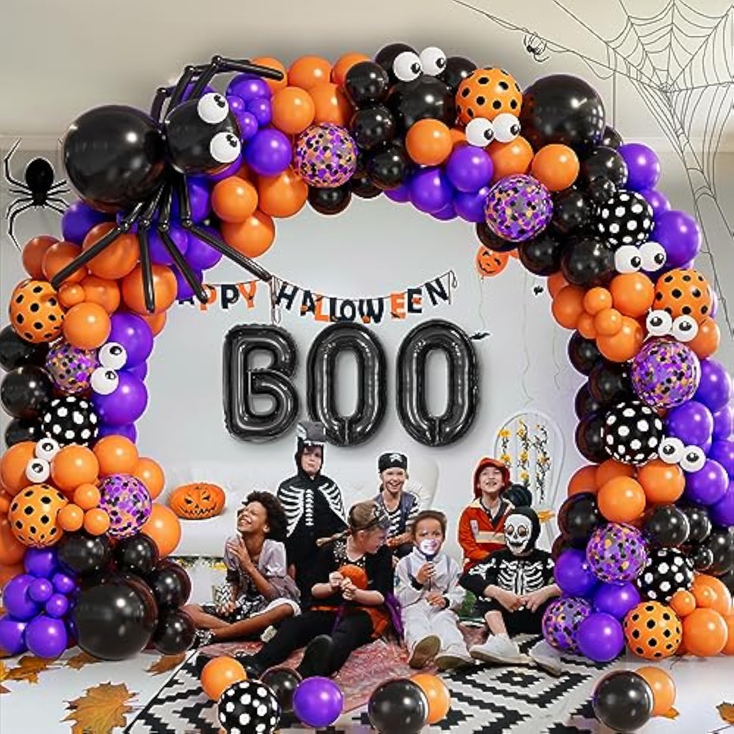 Halloween Balloon Arch Kit - Black, Orange, Purple, Confetti with Spider, BOO & Eye Foils