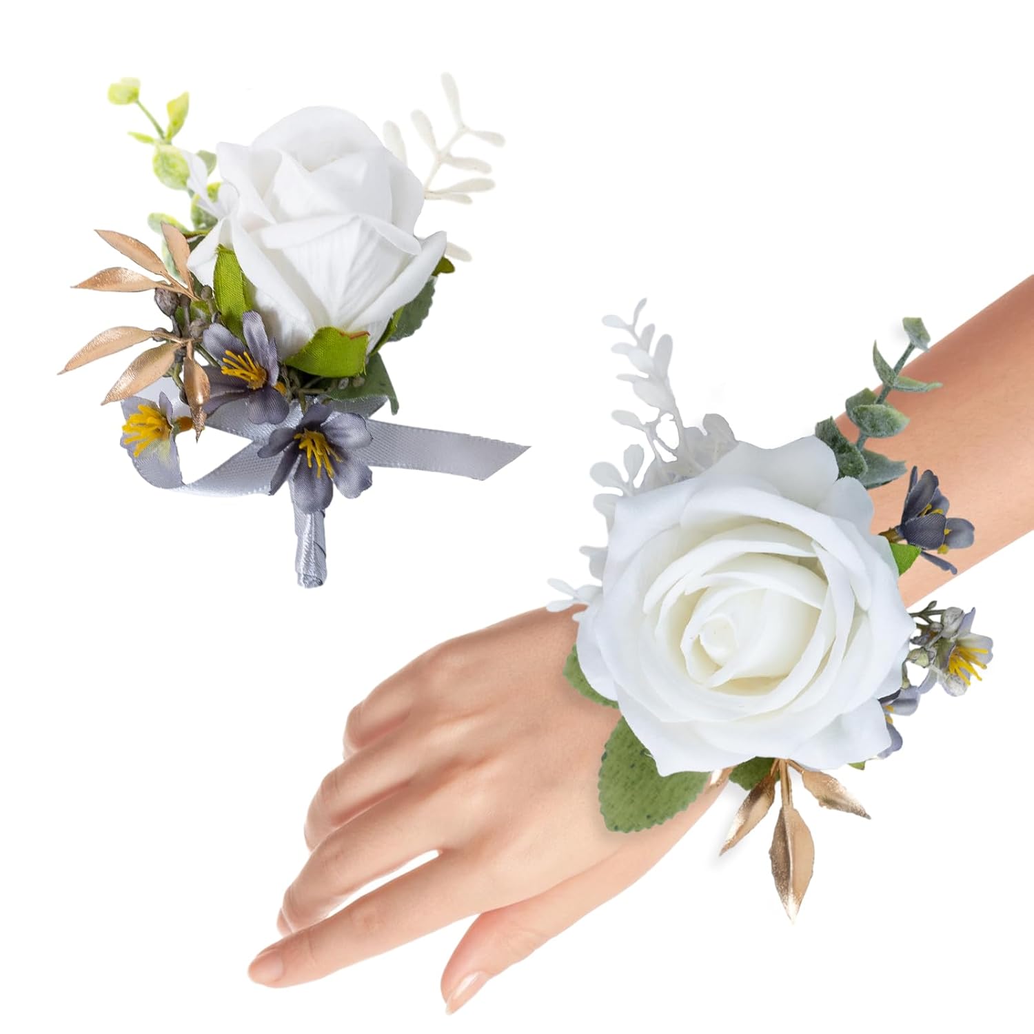 Corsage And Boutonniere Set For Groom Bride Groomsmen Bridesmaids Wedding Party Prom, Artificial Roses Flower Boutonniere For Men Wedding Mother Grandmother For Bridal Shower Prom (White)