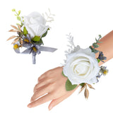 Corsage And Boutonniere Set For Groom Bride Groomsmen Bridesmaids Wedding Party Prom, Artificial Roses Flower Boutonniere For Men Wedding Mother Grandmother For Bridal Shower Prom (White)