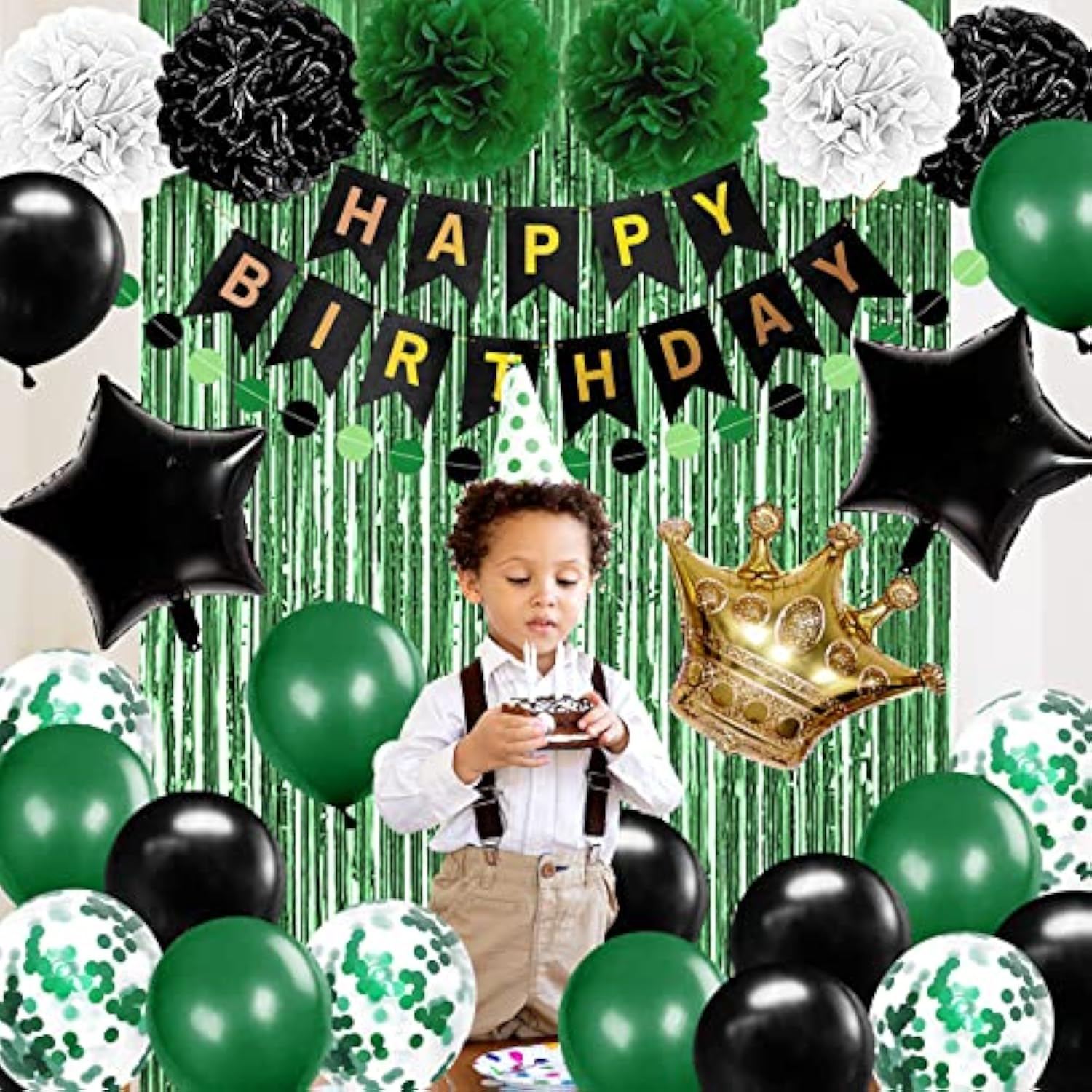 Birthday Decorations For Men Green And Black Party Decorations For Boy Happy Birthday Banner Fringe Curtains Confetti Latex Balloon Foil Balloon Party Supplies