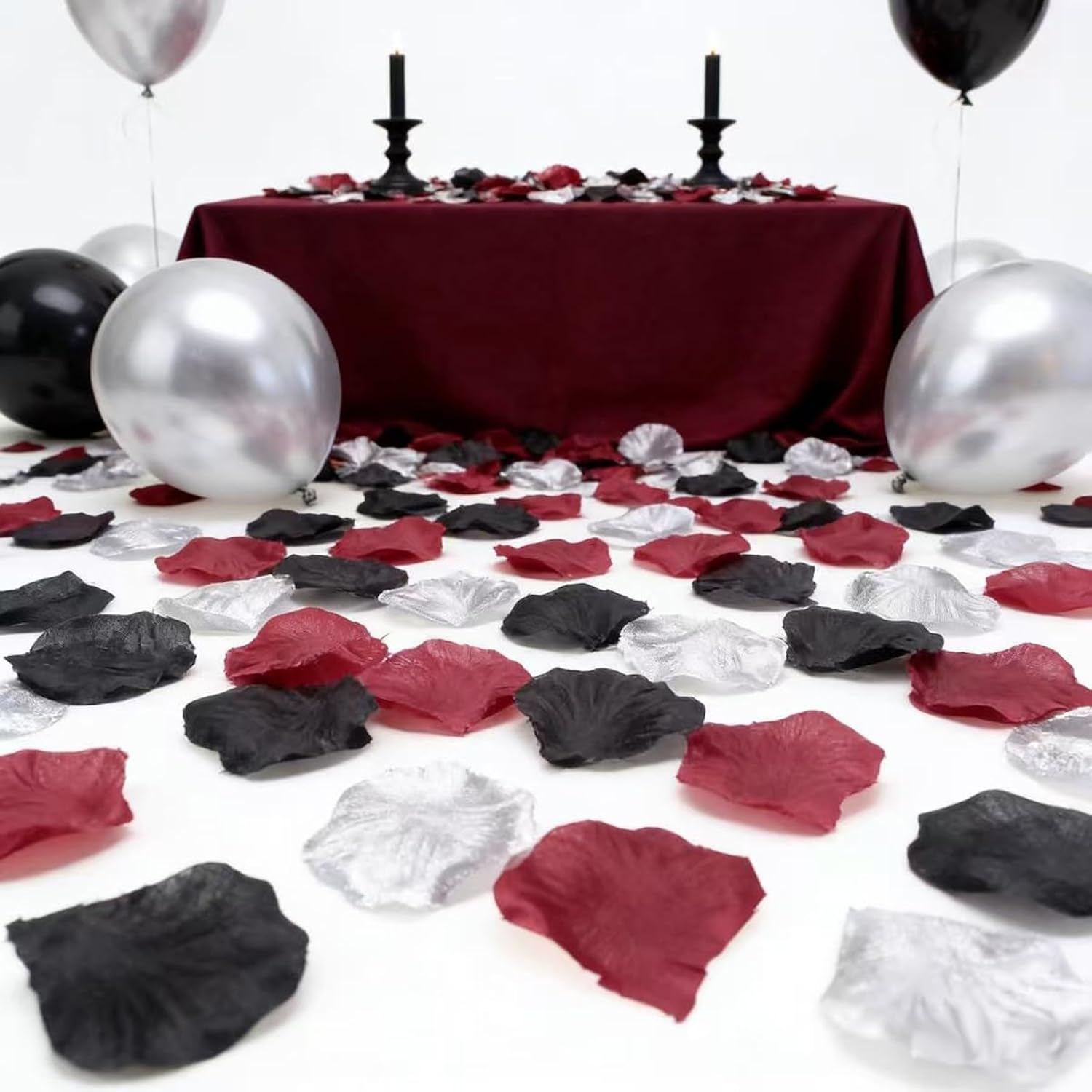 900 Pcs Burgundy Black Silver Rose Petals For Romantic Night - Maroon Artificial Silk Flower Petals For Wedding Aisle Decor, Flower Girl Scatters, Anniversary, Bridal Shower & Table Centerpieces