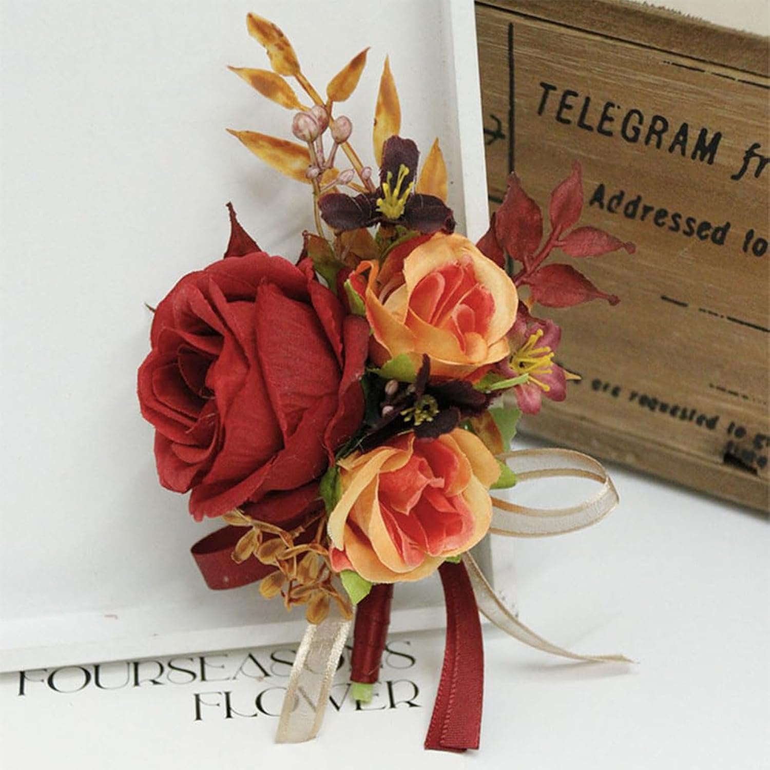 2 Pieces Of Wrist Corsage And Boutonniere Set, Artificial Flowers Accessories Suit Decor For Wedding Prom Party Homecoming Ceremony Anniversary - Red+Orange