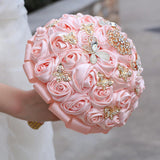 Handmade Rhinestone Brooch Satin Bridal Bouquet,7.5Inches Crystal Wedding Round Tossing Bouquet, Artificial Flower Bunch With Diamond Pearl Ribbon (07#Pink)