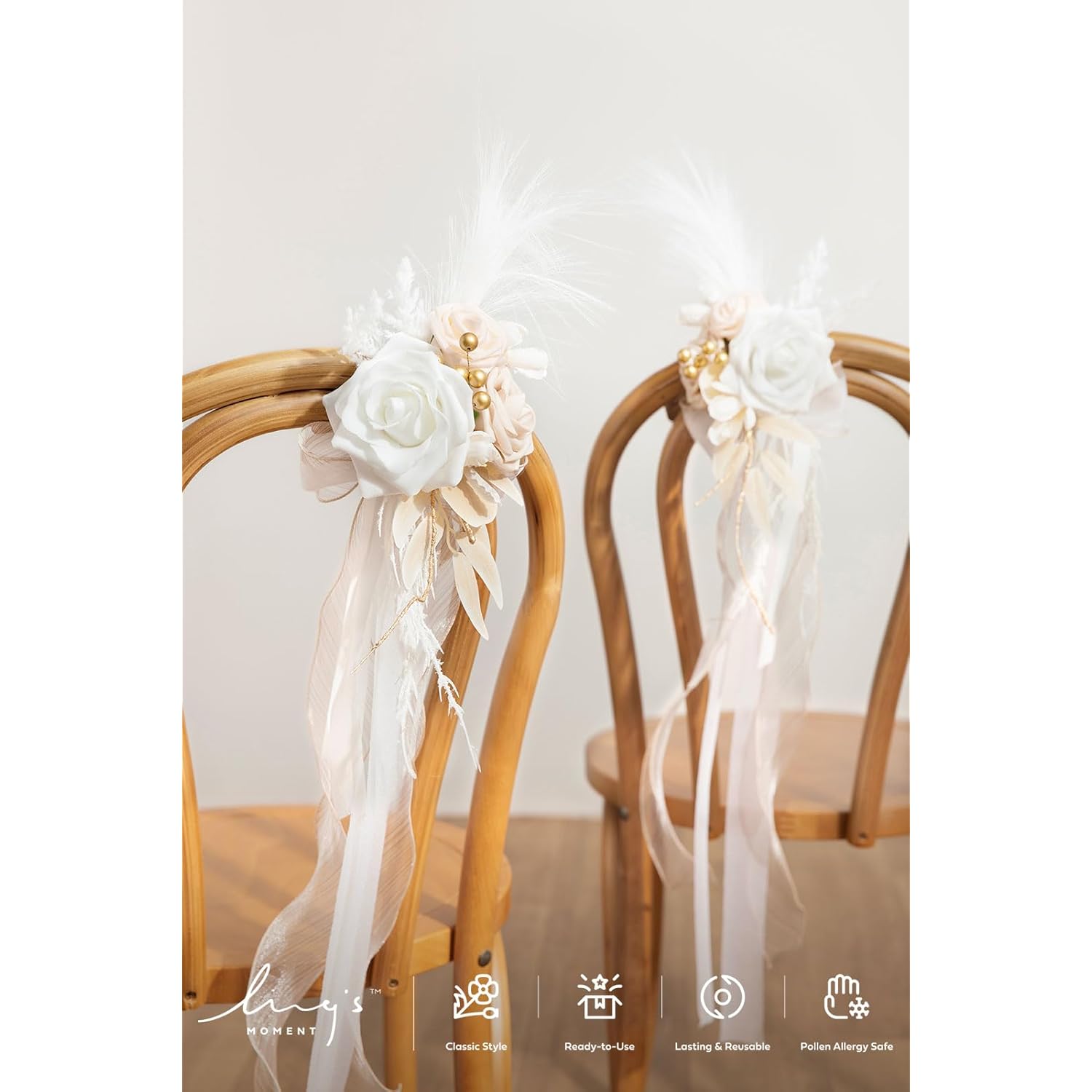 8Pcs Wedding Artificial Aisle Pew Flowers Chair Decorations Arrangements With Chiffon Ribbons Boho White Beige For Ceremony Chair Back Floral Decor Reception Church Party Outdoor