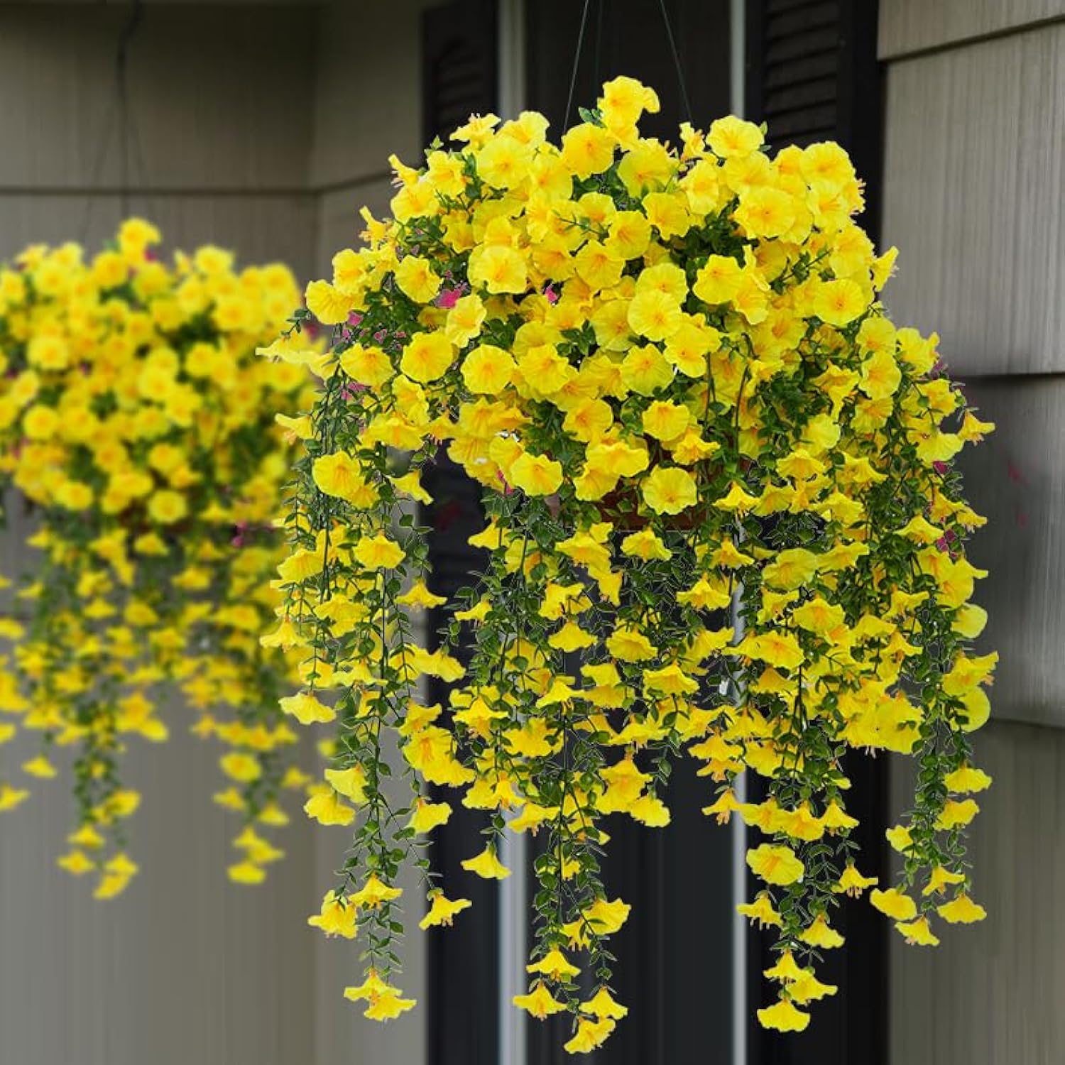 2Pcs Outdoor Faux Hanging Flowers Artificial Morning Glory With Eucalyptus Leaves Uv Resistant Look Real Fake Plants For Outside Planter Porch Patio Balcony Yard Decor(Yellow)