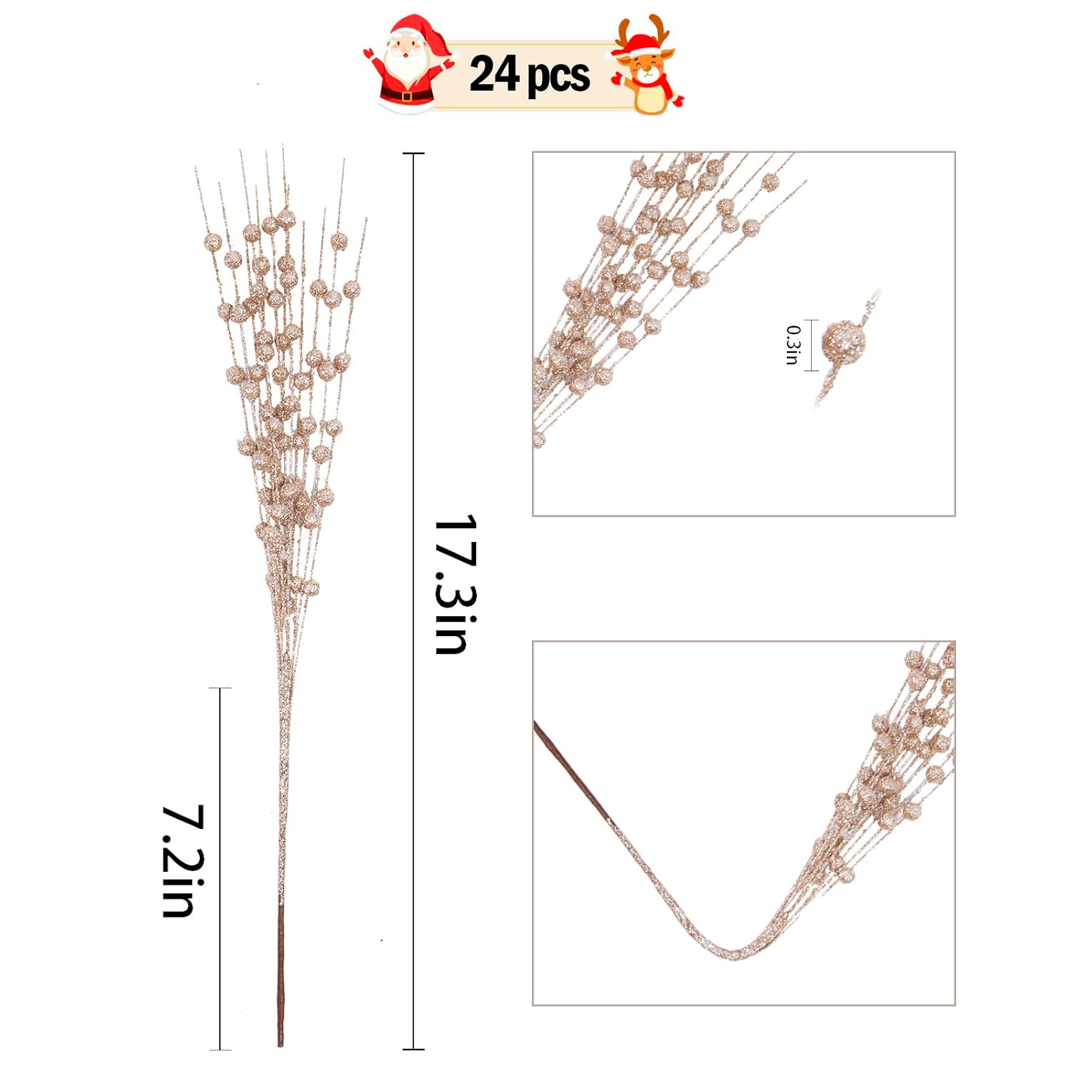24 Pcs Artificial Glitter Holly Berry Stem Ornaments Berry Picks Branches Glittery Bead Sticks For Christmas Tree Decorations Wreath Vase And Home Decor,Champagne