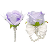 Purple Corsage And Boutonniere Set For Wedding Prom Artificial Flower Corsage Wristlet With Double Pearl Tie Boutonniere For Men Suit Decorations Bridesmaids Groom Groomsmen Bridal Shower