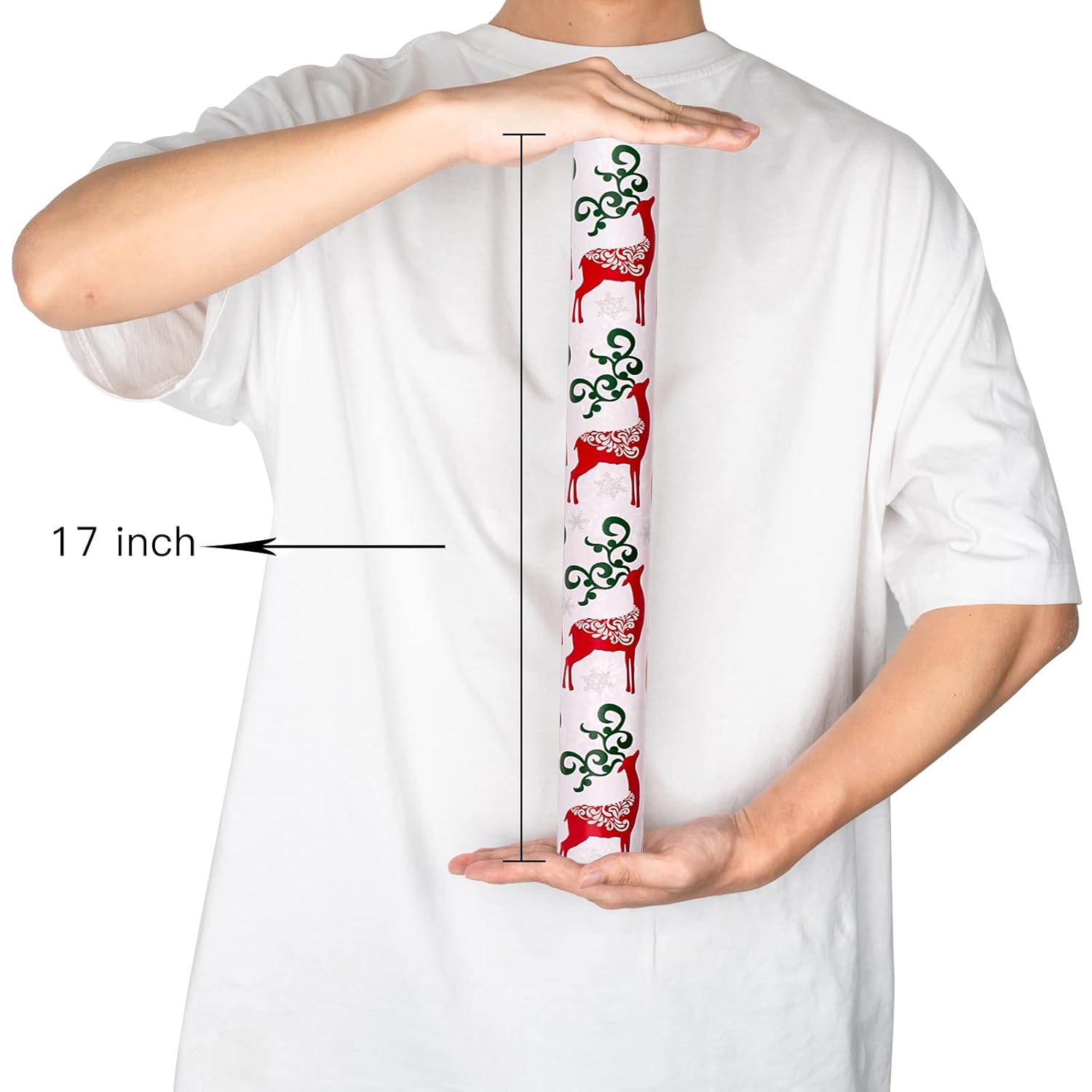 Christmas Reversible Wrapping Paper - Mini Roll - 17 Inch X 32.8 Feet- Red Green Reindeer Design (47.3 Sq.Ft.Ttl)