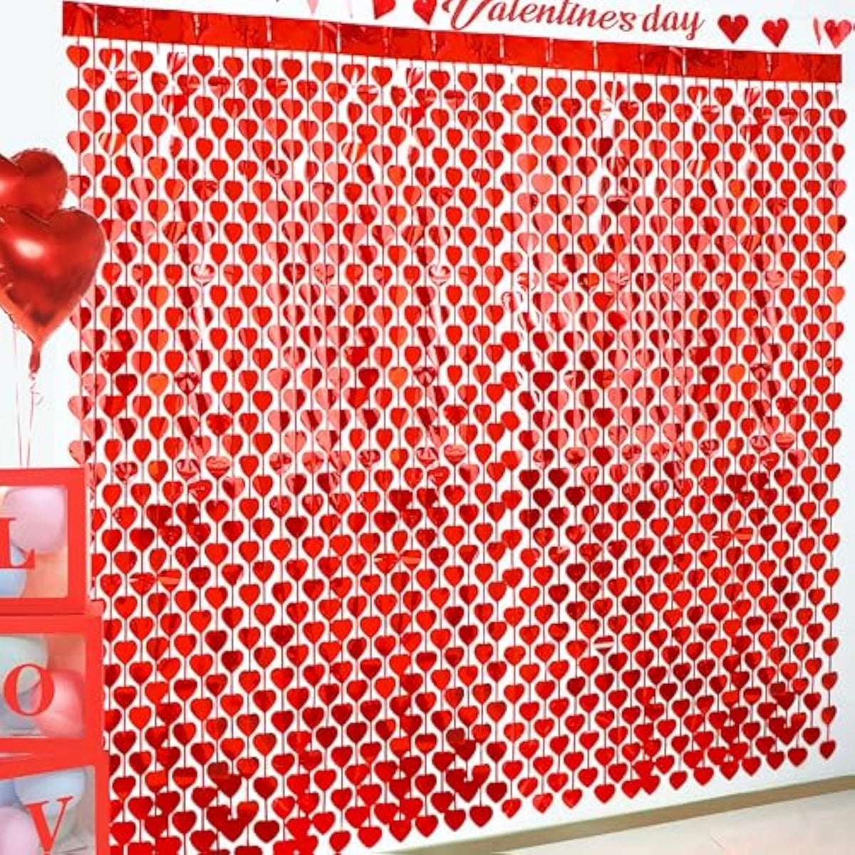 Valentines Day Decorations, 4 Pack Valentines Day Backdrop Garland, Red Heart Foil Fringe Tinsel Backdrop Streamer For Wedding Anniversary Birthday Valentines Party Decor