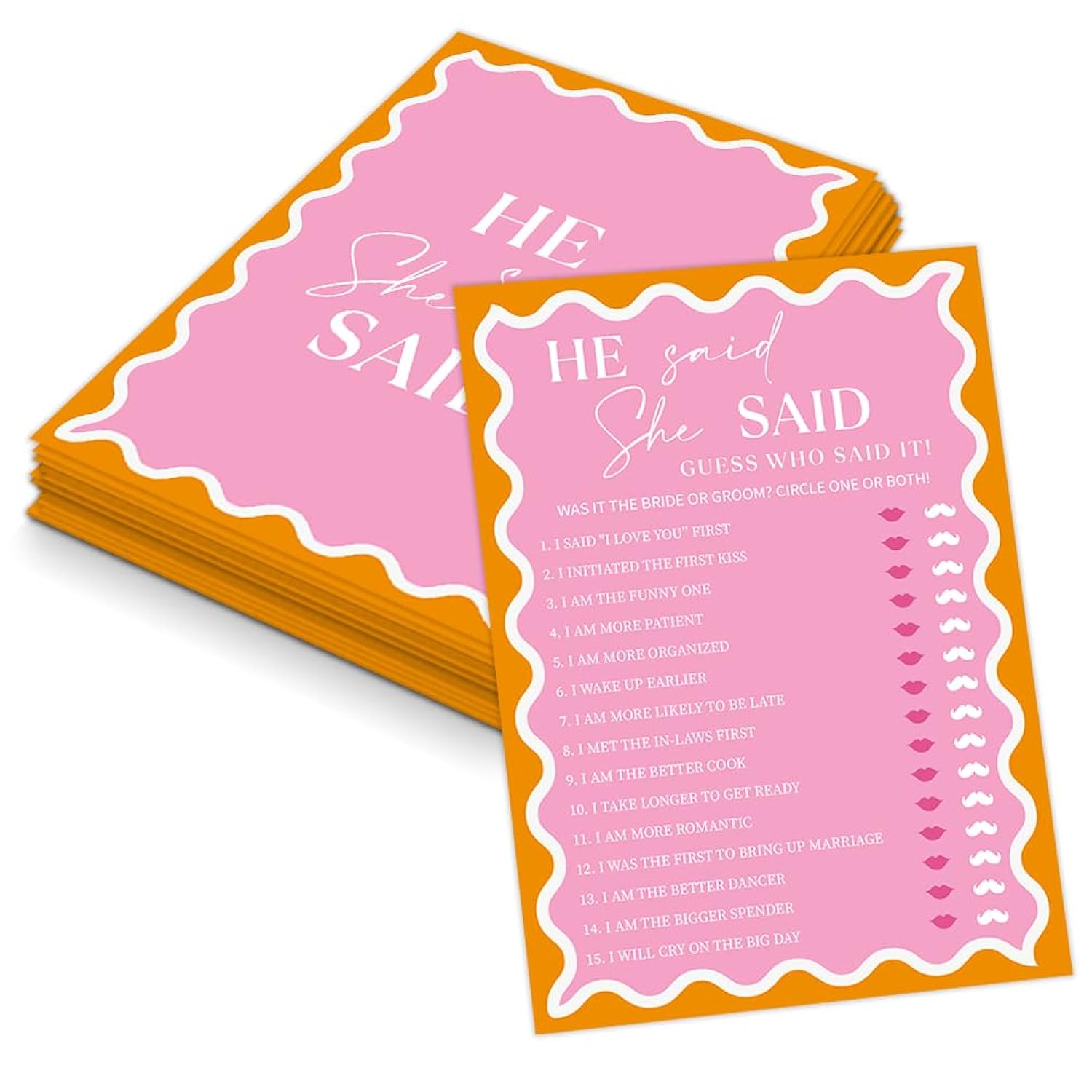 Pink Wavy Border He Said She Said Game For 30 Guests With Game Cards, Wavy Border Bridal Shower Game, Modern Bridal Shower Decorations, Wedding Shower Or Bachelorette Party Supplies - 03
