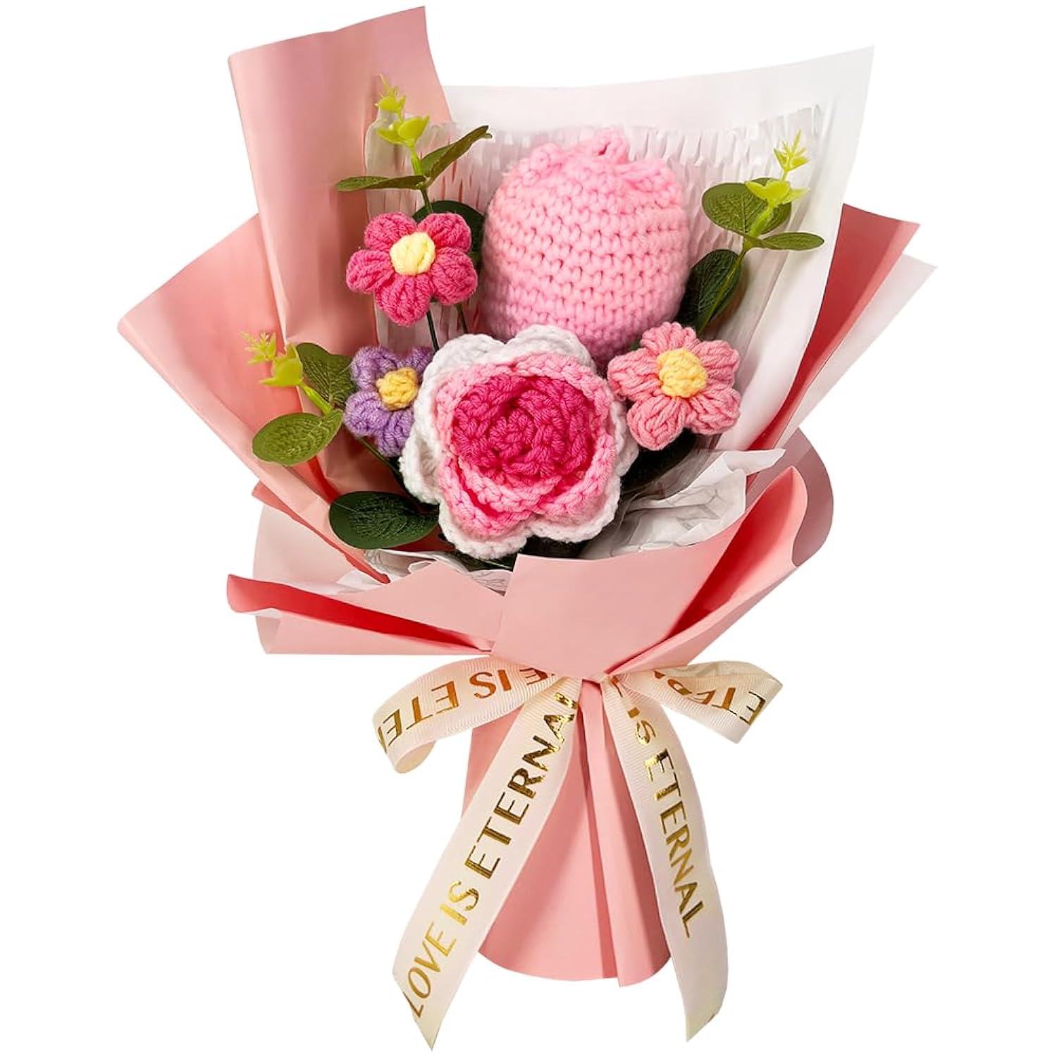 Crochet Flower Bouquet: Completed Crochet Rose Tulip Flowers For Graduation Gifts Birthday Home Decor (Pink)