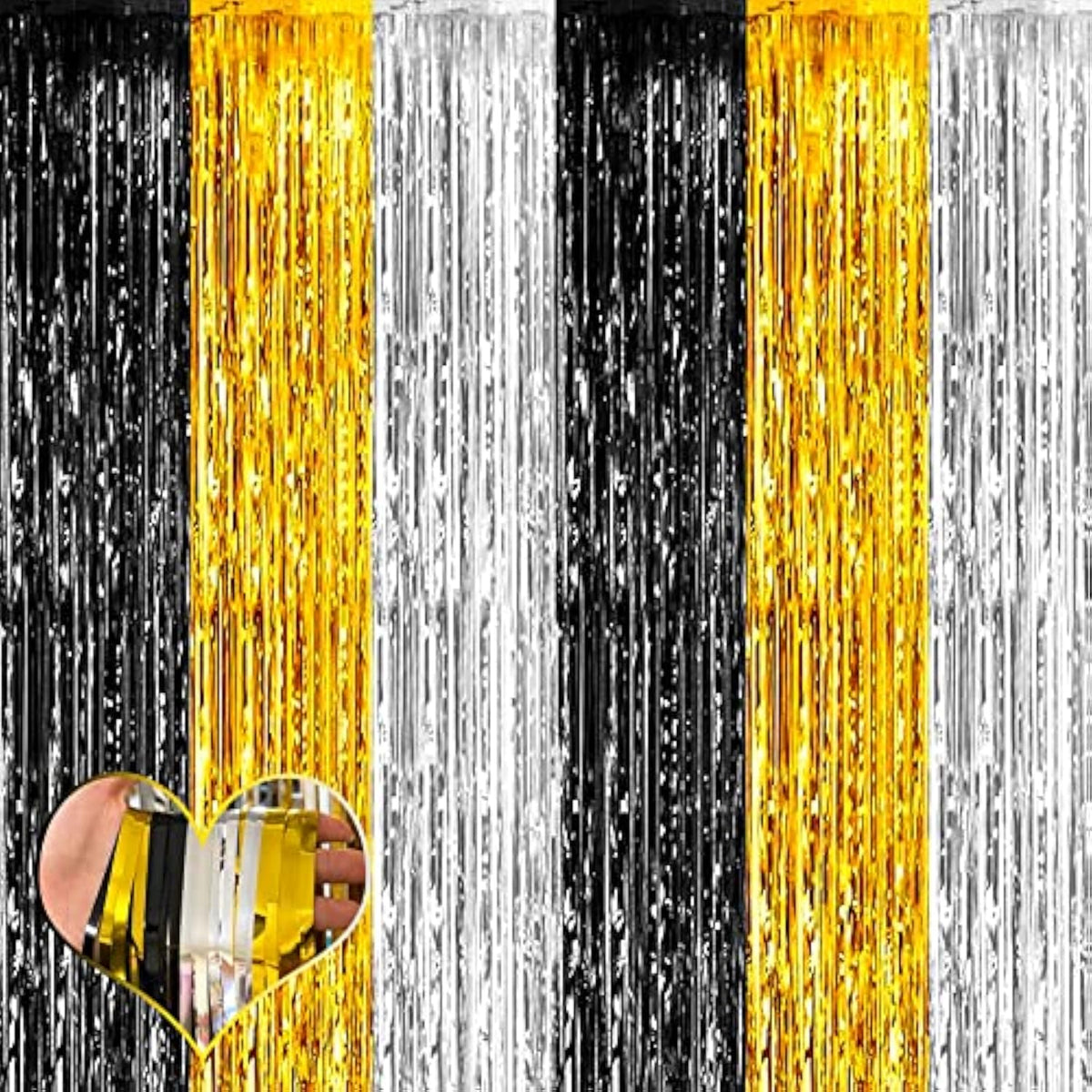 4 Pack 3.2Ft X 6.6Ft Black Gold Silver Fringe Curtain Backdrop, Metallic Tinsel Foil Fringe Streamers Curtains Background For Wedding Notorious One Birthday Roaring 20S Graduation Party Decoration