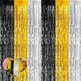 4 Pack 3.2Ft X 9.8Ft Black Gold Silver Fringe Curtain Backdrop, Metallic Tinsel Foil Fringe Streamers Curtains Background For Wedding Notorious One Birthday Roaring 20S Graduation Party Decoration