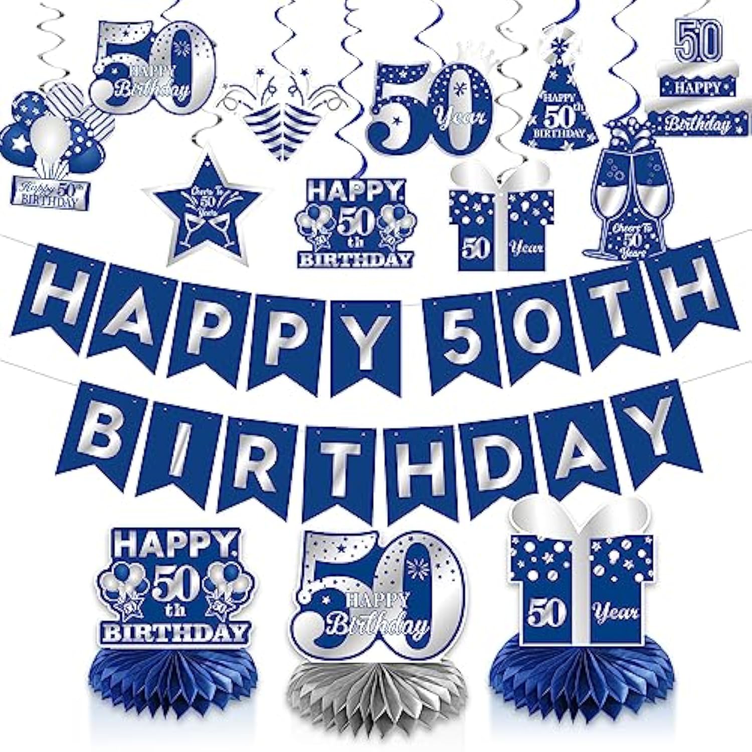 Blue & Silver 50th Birthday Decorations Set with Swirls, Banner & Centerpieces