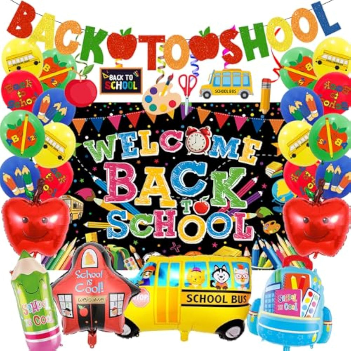 Back To School Decorations,Back To School Banner,Backdrop,First Day Balloons,Hanging Swirls First Day Of School Supplies Decorations For Office Classroom