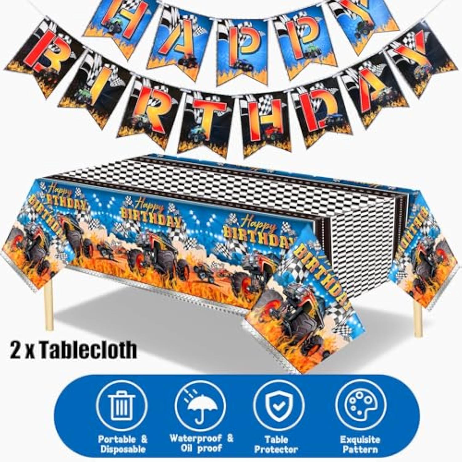 3 Pcs Monster Truck Tablecloths Plastic Happy Birthday Banner Monster Truck Birthday Party Supplies 54 X 108 Inch Racing Car Table Cover For Car Themed Party Decorations