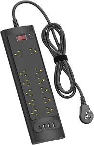 12 Outlet Surge Protector Power Strip with USB C and Flat Plug Cord