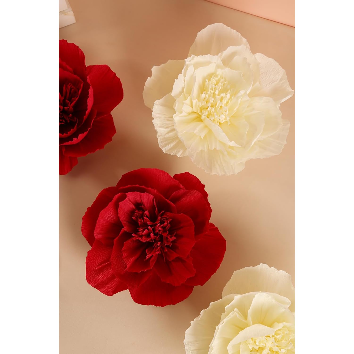 Crepe Paper Flower Decorations For Wall, Wedding Backdrop, Valentine'S Day, Nursery Room, Bridal Shower, Baby Shower, Birthday Party (Red, Beige, Set Of 6)