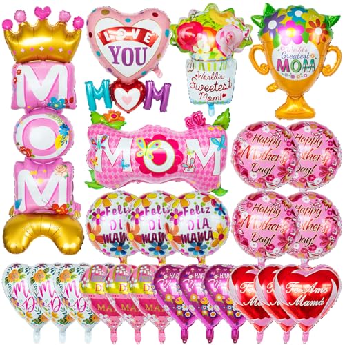 24 Pcs Mothers Day Balloons, Happy Mother's Day Mylar Balloon, Feliz Dia Mama Foil Balloons for Best Mom Ever Mom Party Birthday Decorations Supplies