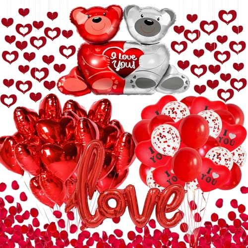 Valentines Balloons Kit, Red Love Balloons and Love-Bear Red Heart Balloons with 1000 Pcs Red Silk Rose Petals for Valentines Day Balloons Decorations Anniversary Decorations Romantic