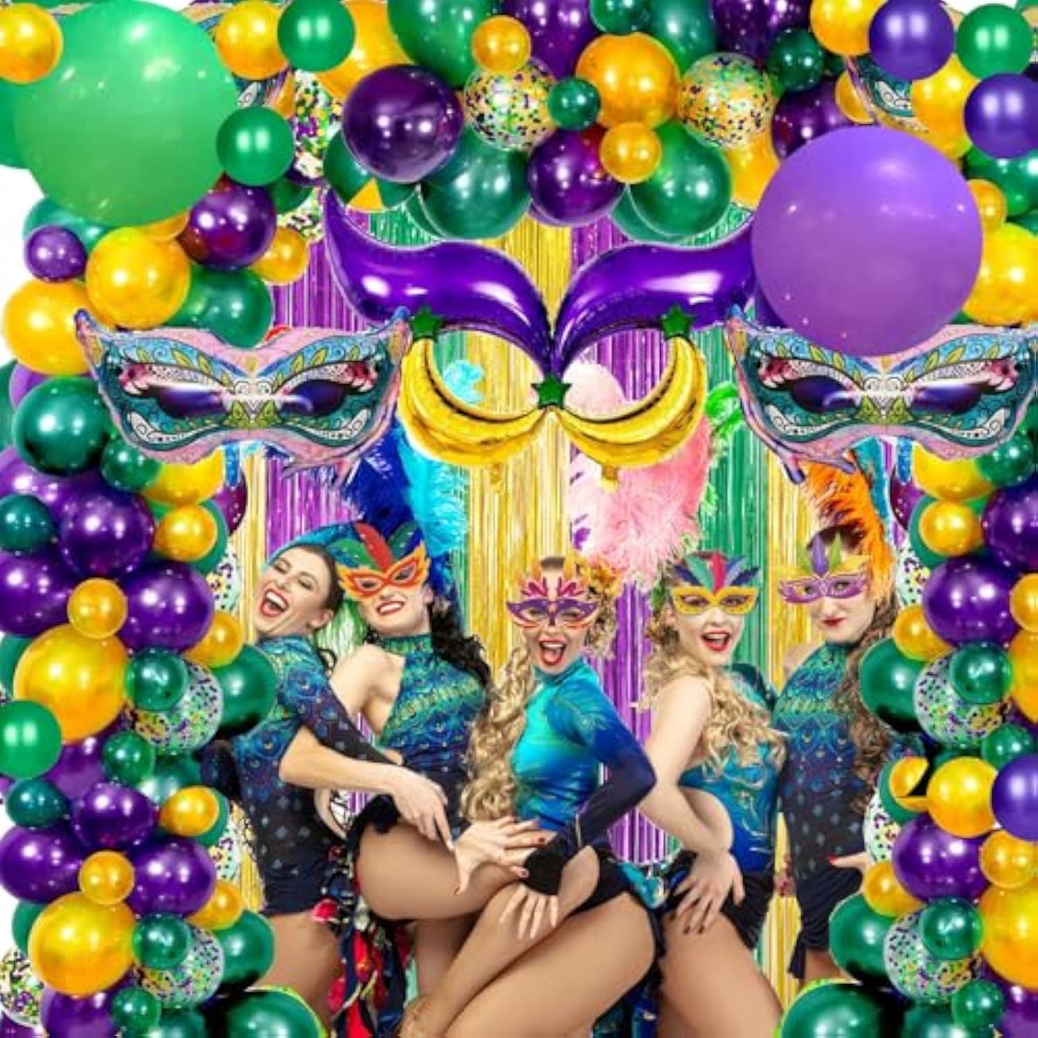 116 Pcs Mardi Gras Decorations - 2Pack Mardi Gras Tinsel Foil Fringe Curtains With Big Aluminum Mask Balloons Green Purple Yellow Mardi Gras Balloons For Mardi Gras Party Carnival Decoration