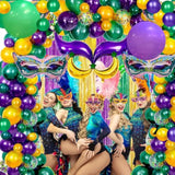 116 Pcs Mardi Gras Decorations - 2Pack Mardi Gras Tinsel Foil Fringe Curtains With Big Aluminum Mask Balloons Green Purple Yellow Mardi Gras Balloons For Mardi Gras Party Carnival Decoration