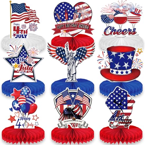 9 Pcs 4th of July Honeycomb Centerpieces Table Decor, Patriotic Independence Day Party Decorations, American Flag, Statue of Liberty, Fireworks, and Star-Spangled Ornaments for Memorial Day