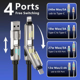 240W 4-In-1 Multi Usb Charging Cable With Led Indicator, Fast Charging & Data Sync, Usb-A, Usb-C, Ios Connectors For Iphone, Samsung, Laptop, 4Ft (Rich Black)