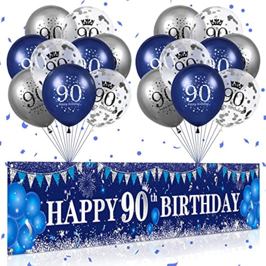 Blue 90Th Birthday Decorations For Men Women, Navy Blue Silver Happy 90Th Birthday Yard Banner, Blue 90Th Birthday Balloons For 90Th Birthday Anniversary Party Decorations Supplies
