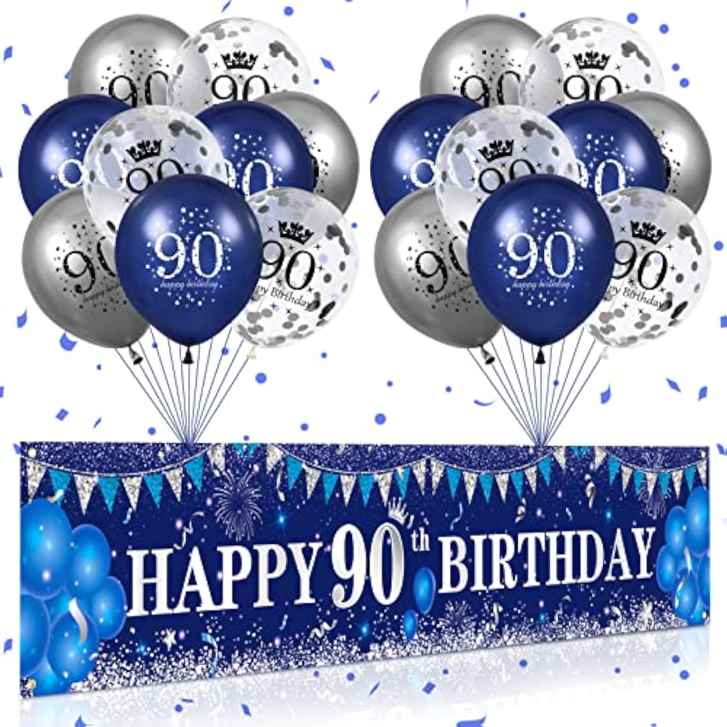 Navy Blue & Silver 90th Birthday Decorations – Yard Banner and Balloons for Anniversary Party