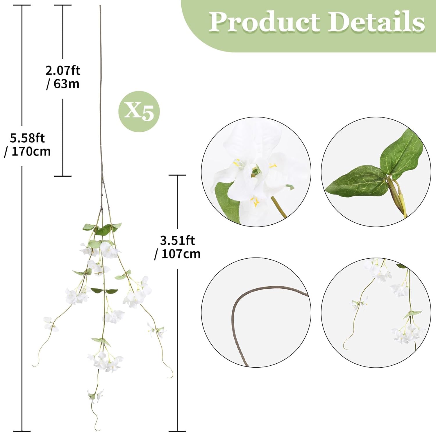 5.58Ft 5Pcs Bougainvillea Artificial Flowers Vines Faux Silk Hanging Bougainvillea Nearly Natural Plants For Porch Patio Balcony Home Wedding Decoration (White)