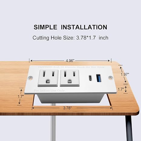 Recessed USB C Power Strip 2 Outlets 2 USB Ports PD20W QC18W 6FT Flat Plug Extension Cord White