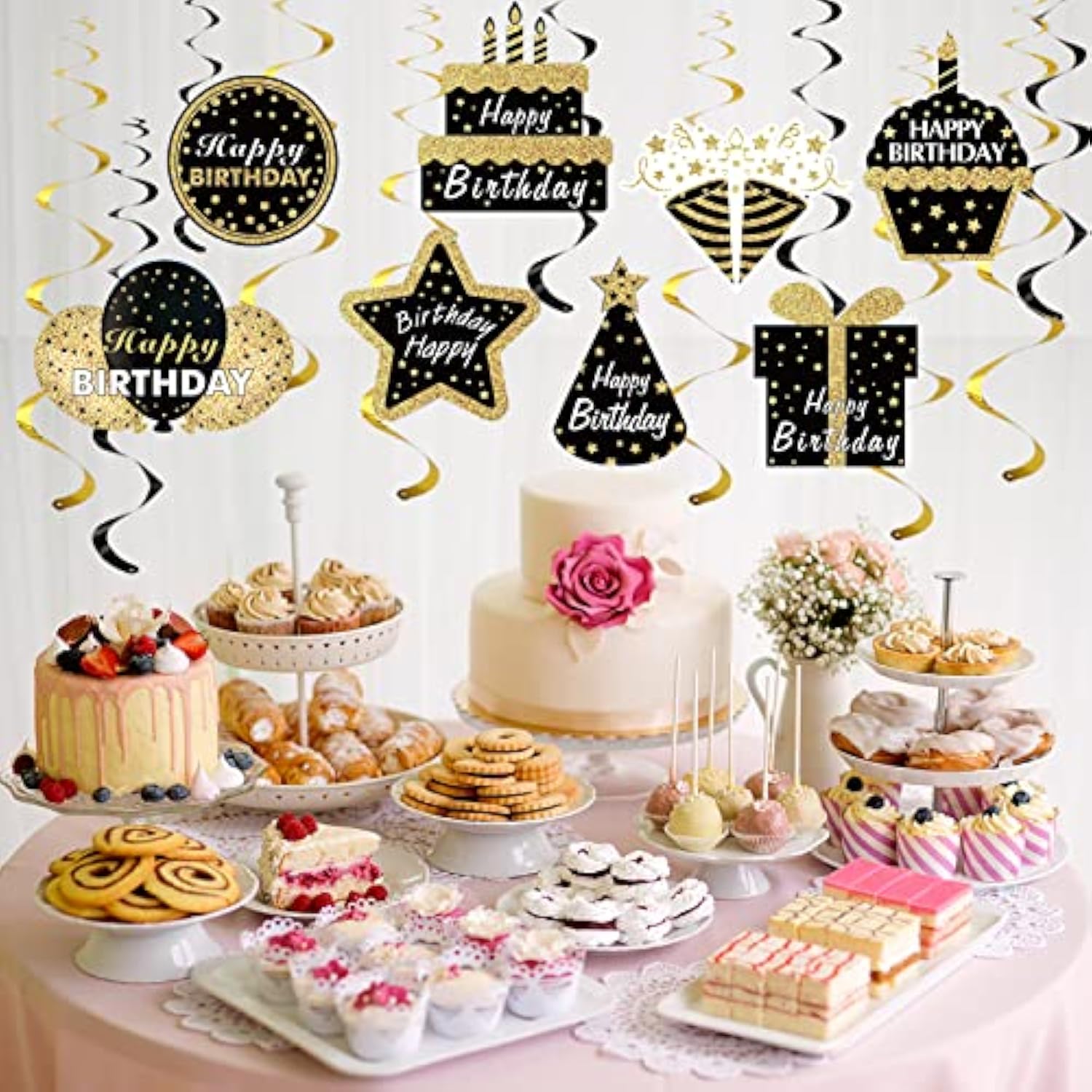 16PCS Black & Gold Happy Birthday Hanging Swirls for Men Women Ceiling Decor