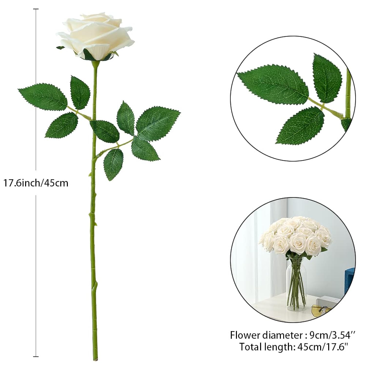 15Pcs Ivory Roses Artificial Flowers Silk Fake Flowers Realistic White Roses Bouquet Long Stem For Wedding Home Party Birthday Decoration