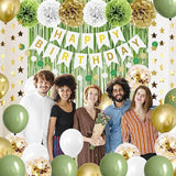 Sage Green & Gold Birthday Decor Set – Balloons, Banner, Foil Backdrop and Pom Poms