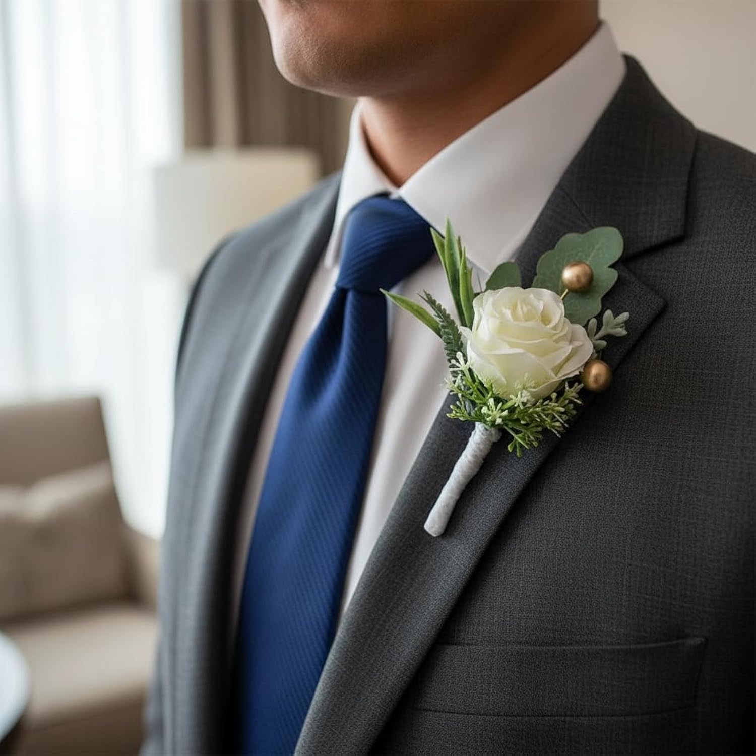 2Pcs Roses Boutonniere For Men Wedding, Groom Groomsman Artificial White Rose Flowers With Pins For Wedding Anniversary Celebration,Prom,Party,Home Decoration Artificial Flowers