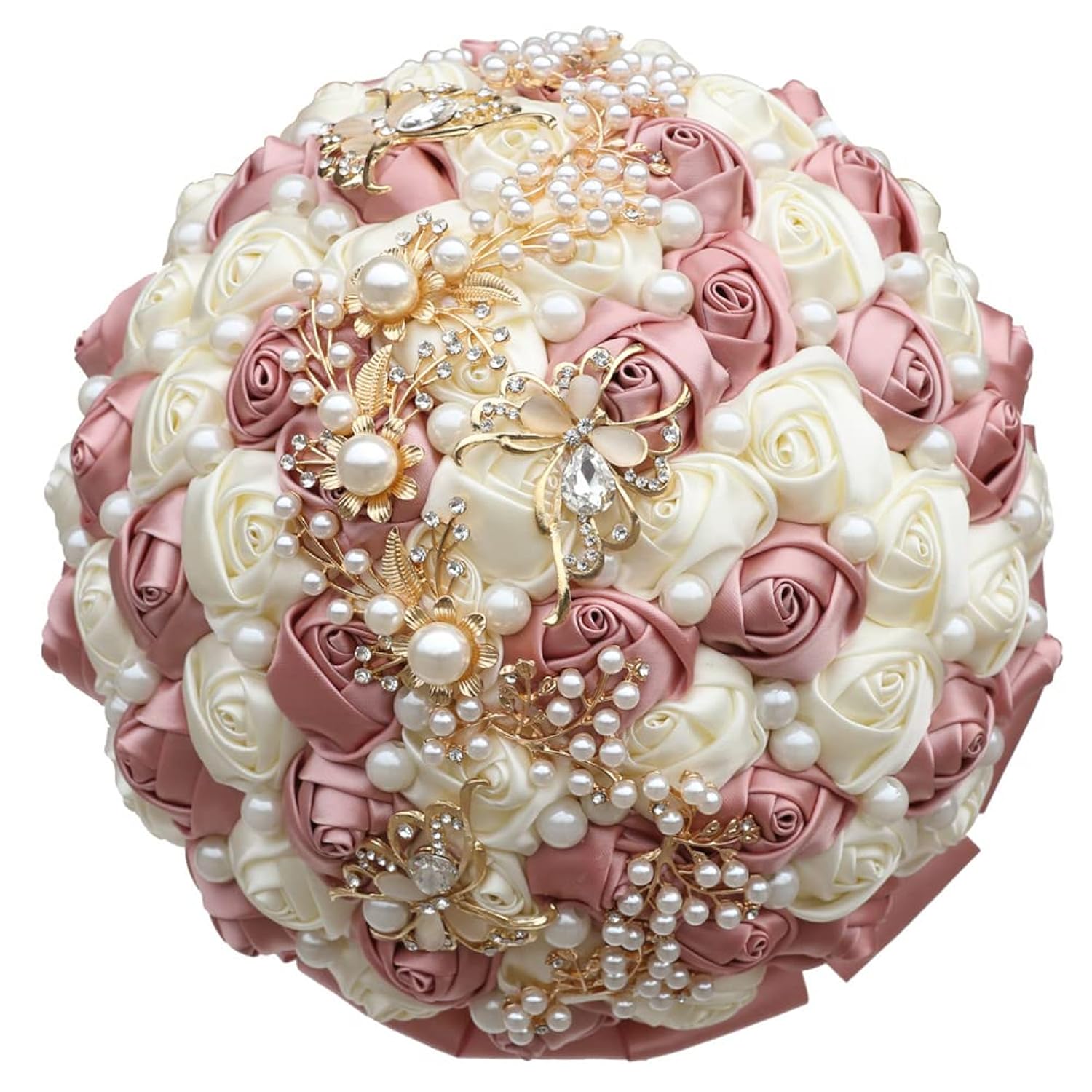 7.1 Inch Handmade Satin Rose Bridal Bouquet Toss Round Wedding Bouquet Throw Toss Artificial Flower Bunch Pastel Pink + Ivory