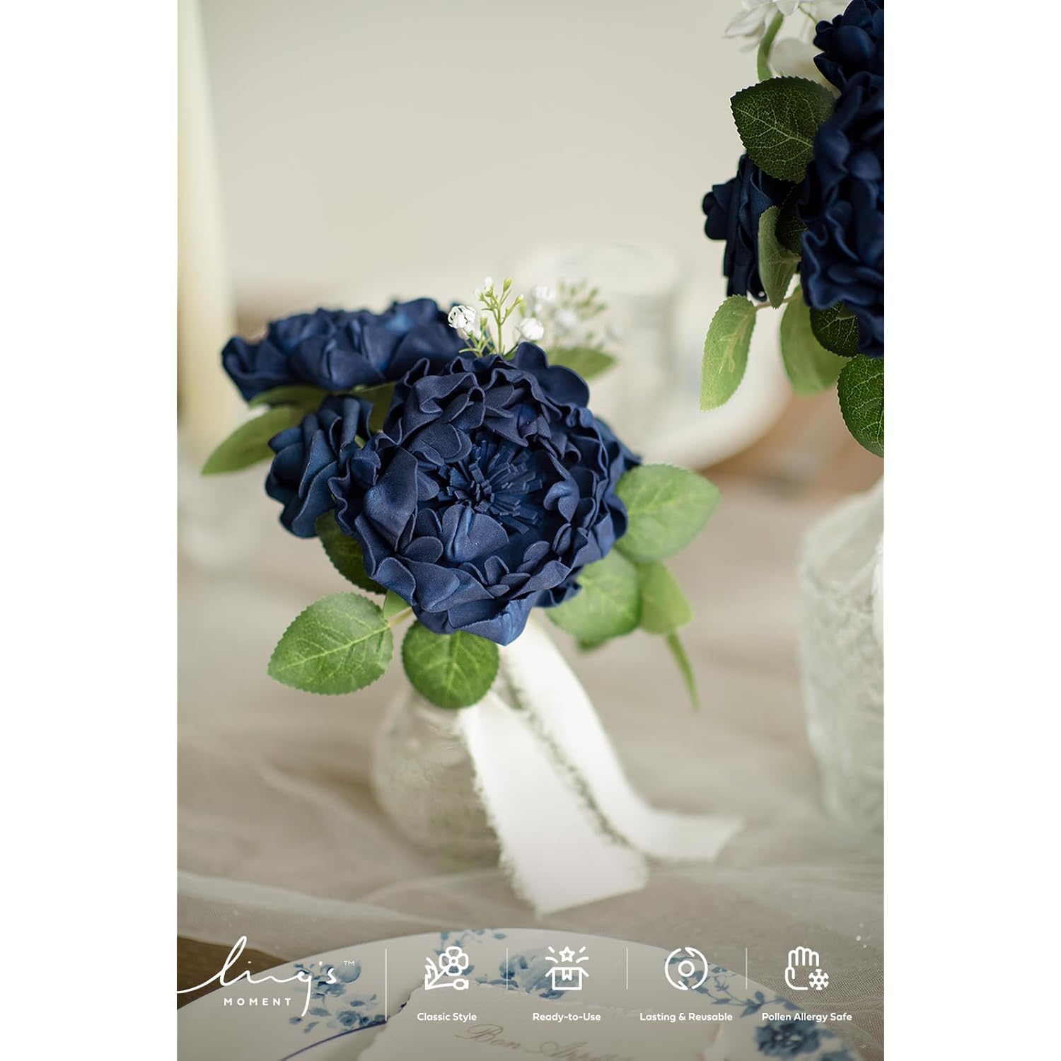 Flowers 16Pcs Navy Blue Blooming Peonies Artificial Flowers With Stem, Artificial Peony Flowers For Diy Wedding Decorations Centerpieces Bouquets Boutonnieres