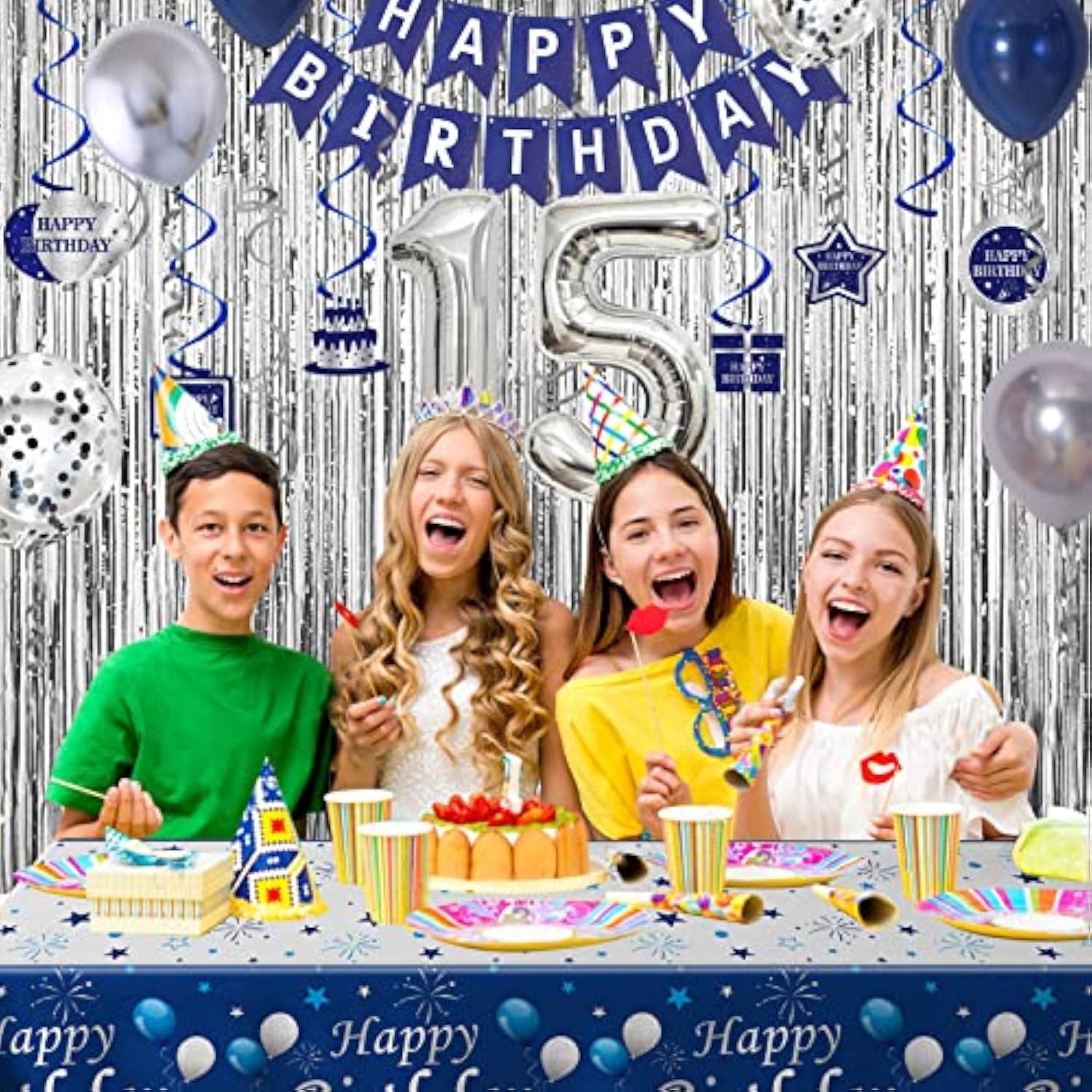 Blue Silver 15th Birthday Decor Set – Banner, Balloons, Tablecloth & Party Supplies