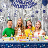 15Th Birthday Decorations For Boys And Girls Blue Silver, Happy 15Th Birthday Decorations Banner Birthday Balloons Number 15 Tablecloth Fringe Curtains Hanging Swirls, 15 Years Old Bday Party Supplies